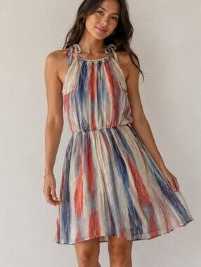 Akiko 100% Silk Halter Dress Abstract Watercolor Print Size XS